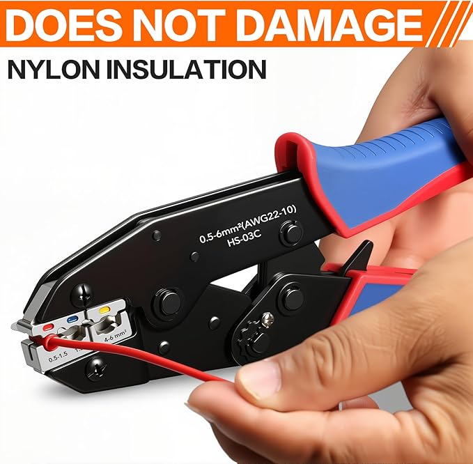 Wire Crimping Tool for Insulated Electrical Connectors- AWG 22-10 Ratchet Wire Crimper Tool- Racheting Wire Crimps for Insulated Connectors and Terminals