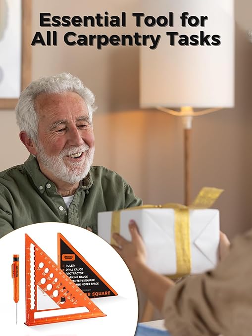 Mecurate 7-Inch Aluminum Alloy Rafter Square with 2-in-1 Carpentry Pencil - Durable Measuring and Marking Tool for Woodworking, Construction, and DIY Projects