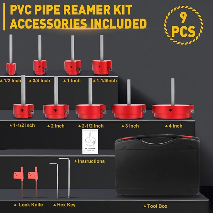 9Pcs PVC Pipe Reamer Kit With 1/2inch, 3/4inch, 1inch, 1-1/4inch,1-1/2inch, 2inch,2-1/2inch, 3inch, 4inch Head Aluminum, PVC Fitting Saver, PVC Socket Saver For SCH40 PVC, ABS PVC Pipe, CPVC