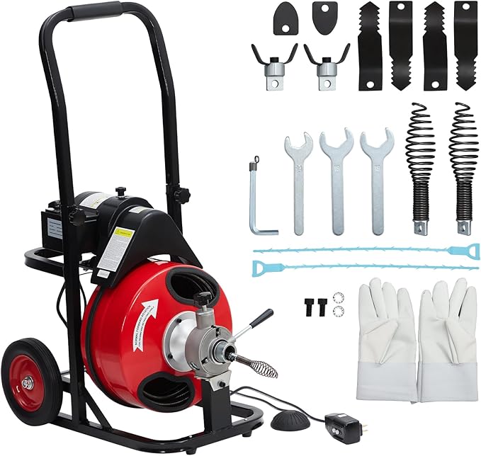 Auto Feed 75 FT x 3/8 Inch Drain Cleaner Machine with 200W Motor, Portable Sewer Snake Auger with 8 Cutters & Air-activated Foot Switch, Fits 1" to 4" Pipes, Black & Red