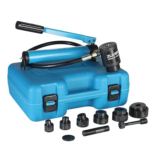 Hydraulic Knockout Punch Set KO Tool 10T - Electrical Conduit Hole Cutter with 6 Dies (1/2", 3/4", 1", 1-1/4", 1-1/2", and 2") Heavy-Duty Metal Punch with Slug Splitting Dies