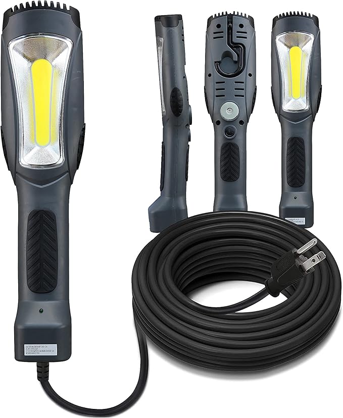 Portable Corded LED Work Light with Outlet in Handle, COB LED, 1600 Lumen 15ft 116AWG 3C SJTW Cord Handheld Outdoor Work Light, Magnetic on Back