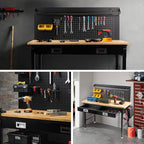 48" Workbench with Drawers, Work Benches for Garage with Strip Light, Adjustable Work Table with Large Pegboard, 2000 LBS Heavy Duty Table with Power Outlet Rubber Wood for Garage, Office