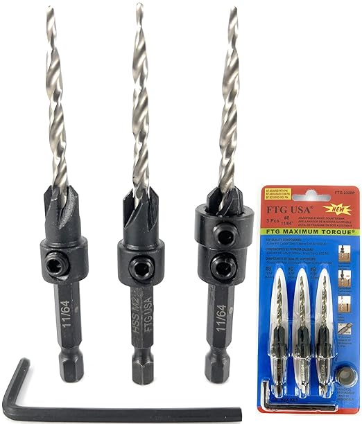 FTG USA Adjustable Wood Countersink Drill Bit Set 3 Pc #8 (11/64"") with Tapered Drill Bit for Woodworking
