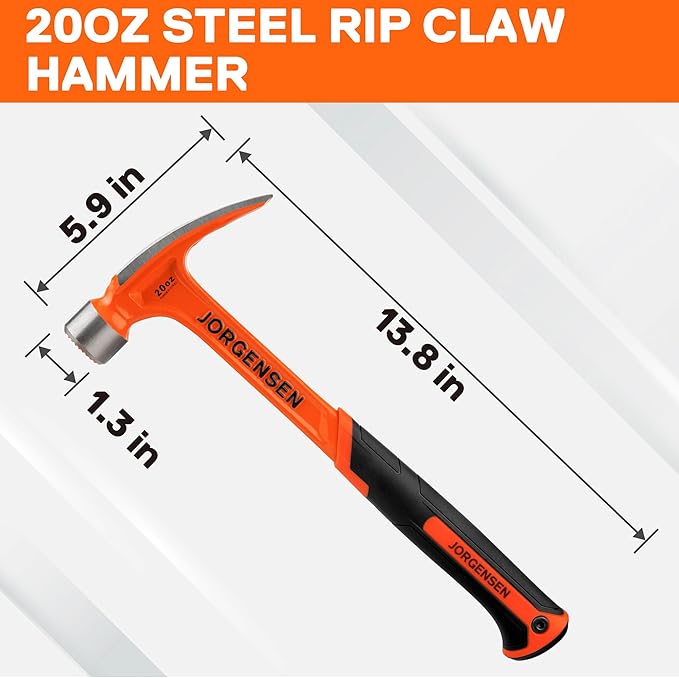 Jorgensen 20 oz Straight Claw Hammer with Magnetic Nail Holder, Rip Claw Hammer with Milled Face & Shock Absorbing Grip, Heavy Duty One-piece Forged Hammer