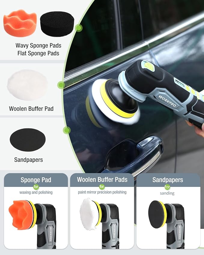 WORKPRO Cordless Mini Buffer Polisher, 12V Buffer Polisher for Car Detailing, 5 Variable Speed Up to 3000RPM, Compact Cordless Polisher Kit for Waxing, DIY Projects, Furniture Polishing