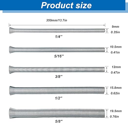 Tnisesm Spring Tube Bender Set 1/4'', 3/8'', 1/2'', 5/8'' and 3/4'' for Copper, Aluminum and Thin Wall Steel Tubing 13.7'' / 350mm Length