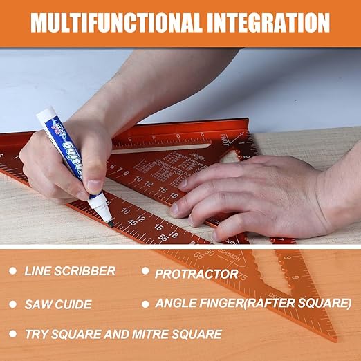 Carpenter Square 12-inch Layout Tool Alloy Metal Triangle Ruler Protractor,Orange（SAE&MER）