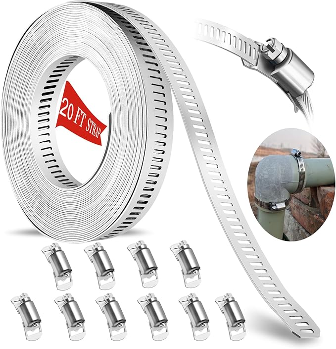 Hose Clamps 20FT Strap+10 Fasteners,DIY Cut-To-Fit 304 Stainless Steel Adjustable Large Worm Gear Band Clamp Assortment Kit,Metal Screw Fasteners and Strapping for Pipe,Duct,Pole,Tube