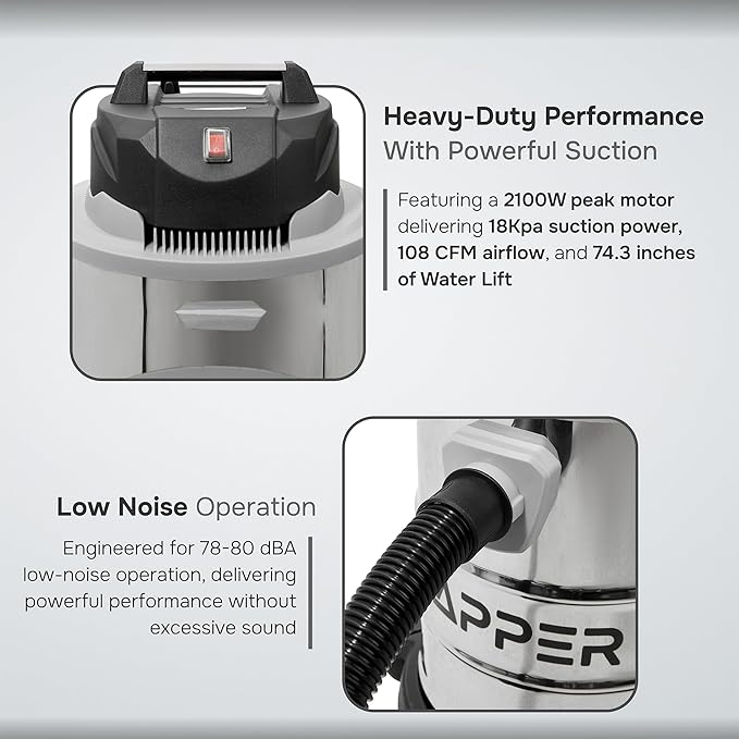 6 Gallon 3.0 Peak HP Wet/Dry Vacuum, Stainless Steel Tank, 3 in 1 Function Portable Shop Vacuum with Attachments, Ideal for Jobsite, Garage & Workshop.