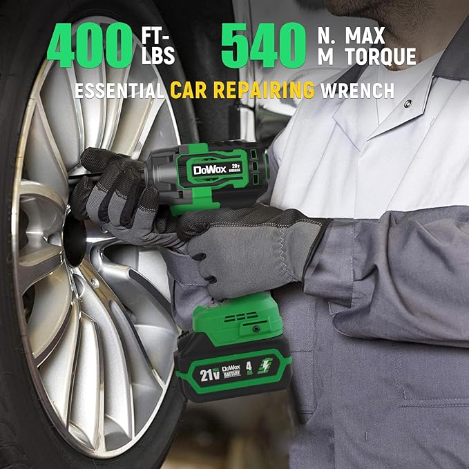 Cordless Impact Wrench, 400Ft-lbs (540N.m) Max Torque, 1/2 Impact Gun w/Brushless Motor, 21V 4.0 Ah Battery, Fast Charger, 4 Sockets, Socket Adapter, Nut Bits and Tool Bag