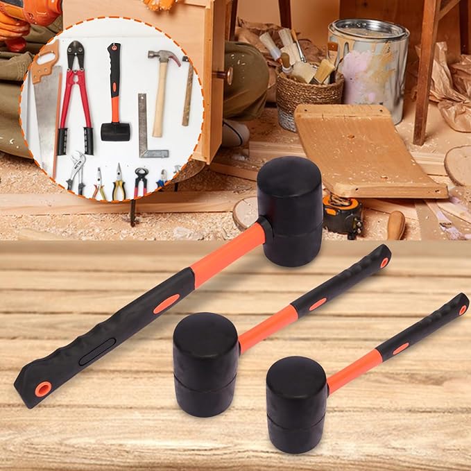 3 PCS 27 16 12 OZ Rubber Mallet, Rubber Hammer, Rubber Mallet Set With Black-Yellow Fiberglass Handle Perfect For Wood, Metal, Plastic, Glass, And Ceramics. By GENHAKON
