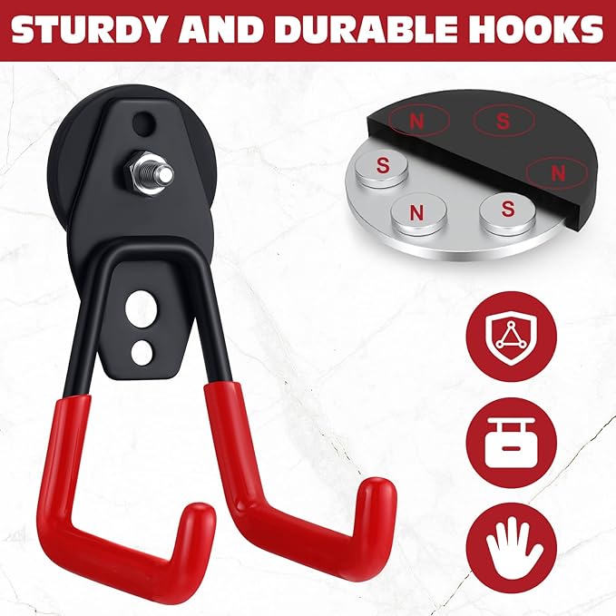 Landhoow Large Magnetic Hooks Heavy Duty Garage Magnet Hooks Strong Storage Utility Magnetic Hangers with Anti Slip Rubber Coating for Indoor and Outdoor Hanging(Red,4 Pcs)