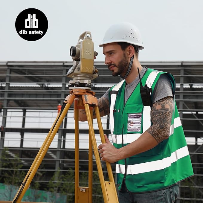 Dib Safety Reflective Vest High Visibility with Pockets and Zipper, Green S