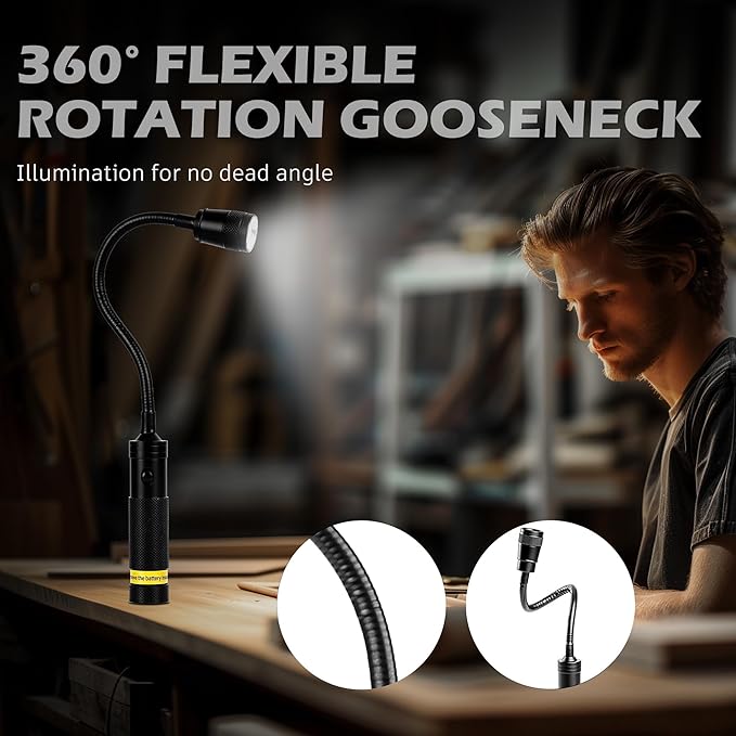 LED Work Light, 500 Lumen Gooseneck Flashlight with Magnetic Base, Zoomable Flexible Led Flashlight, Waterproof Job Site Light for Work Bench, Auto-repairing, Inspection, Emergency