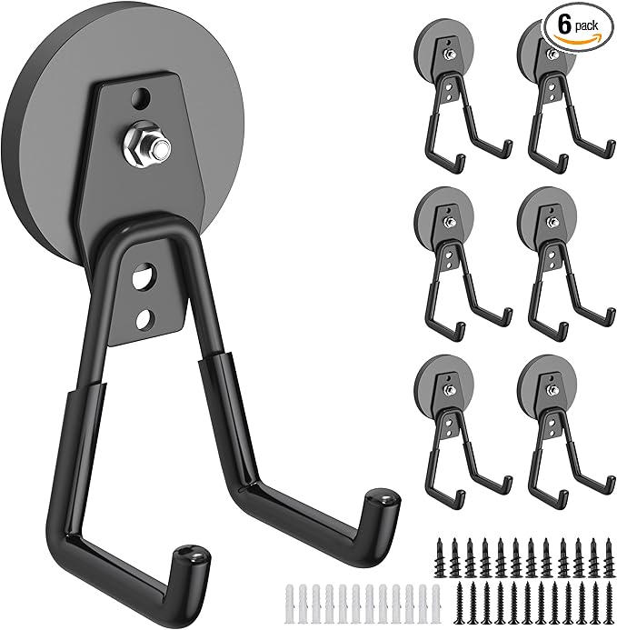 6 Pack Heavy Duty Storage Magnetic Utility Hooks Large Garage Strong Extra Magnet Hooks Hanger with Anti-Slip Coating Heavy Duty Magnetic Hooks for Hanging Power Dril Garage Garden Tools Black