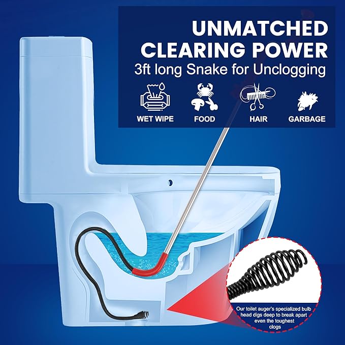 59787 Model K-3 Toilet Auger Clog Remover Toilet Snake for Unclogging with 3-Foot Snake and Bulb Head, Toilet Auger Snake for Unclogging Toilets for Home, Office, School, and More
