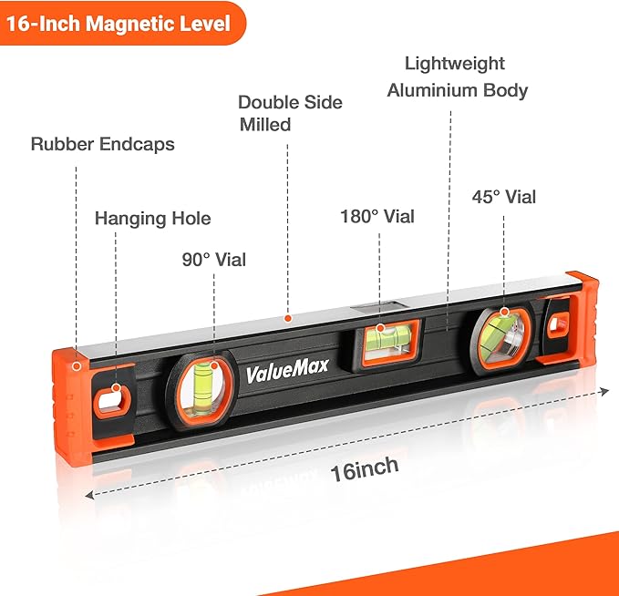 ValueMax 16-Inch Level, Magnetic Torpedo Level with 45°/90°/180° Bubbles, Aluminum Alloy Body, Precision-Machined Base, Shockproof Rubber End Caps, V-Groove & Hanging Hole for Construction, Carpentry