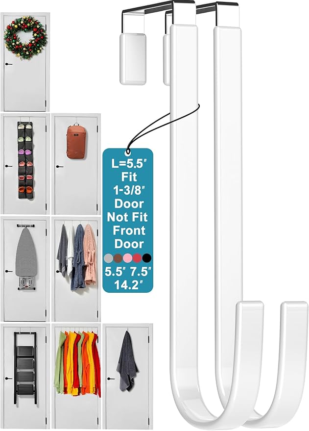 Over The Door Metal Hooks with Plastic Coating 5.5" Fit 0.5" to 1 3/8" Door 2 Pcs Heavy Duty Single Towel Robe Rack Wreath Bathroom Shower Hanger Shoe Organizer Ironing Board Short White