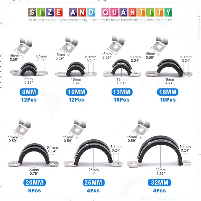 Glarks 60Pcs 8-32MM 2 Hole U-Tube Strap Clamp Set - 304 Stainless Steel With Rubber Cushion for Rigid Pipe Fixing - U Bracket Assortment Kit (8-32mm)