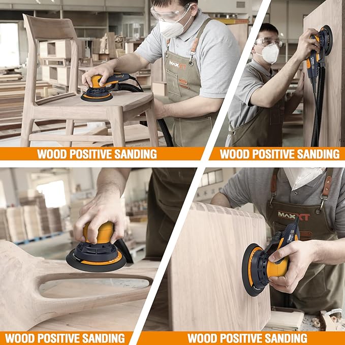 MAXXT Electric 5mm Random Orbital Sander, Palm Sander with Brushless Motor, 5&6Inch Sanding Pads, Central Vacuum, Sanders for Woodworking, Primary Wood and Panel Processing(Orange)
