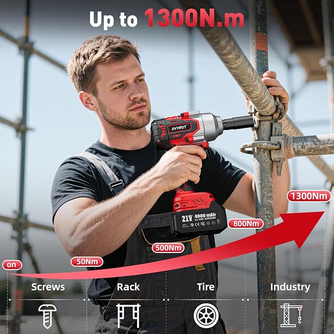 Avrhit Cordless Impact Wrench 1/2 Inch, 1300Nm / 960ft-lbs High Torque Impact Gun with 2x 4.0Ah Batteries, 5 Sockets Electric Impact Driver for Car/Truck RV/Mower