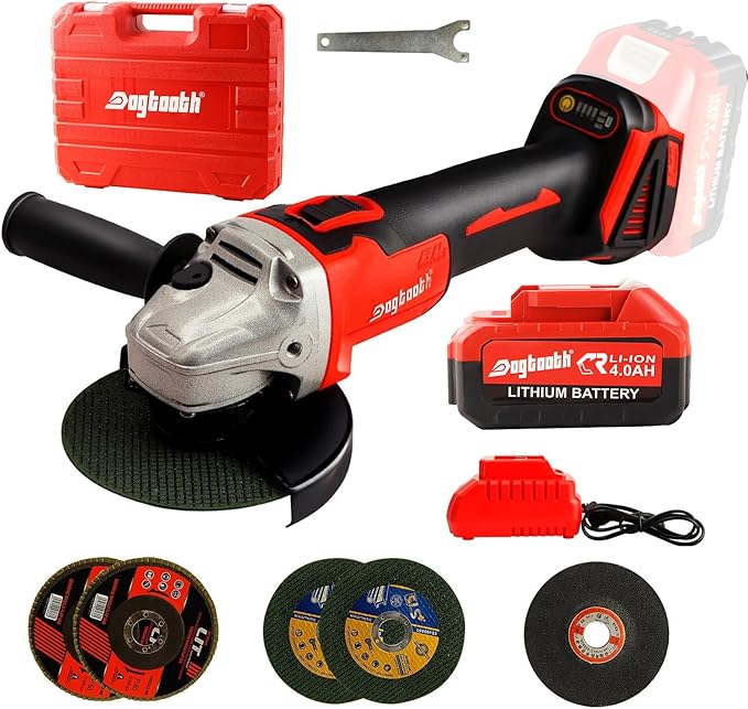 DOGTOOTH 21V 4-1/2'' Brushless Cordless Angle Grinder Kit, Max 10000 RPM, Compatible with Makita 18V Battery, 1 * 4.0 Ah Battery, Charger, 4 Cutting&Grinding Discs and Carry Case