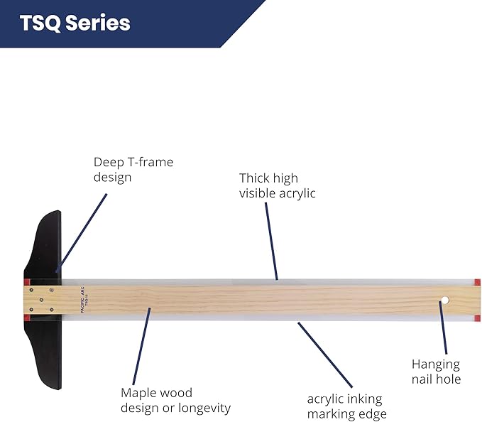 Pacific Arc 48 Inch T Square, Traditional Maple Blade with Acrylic Edge