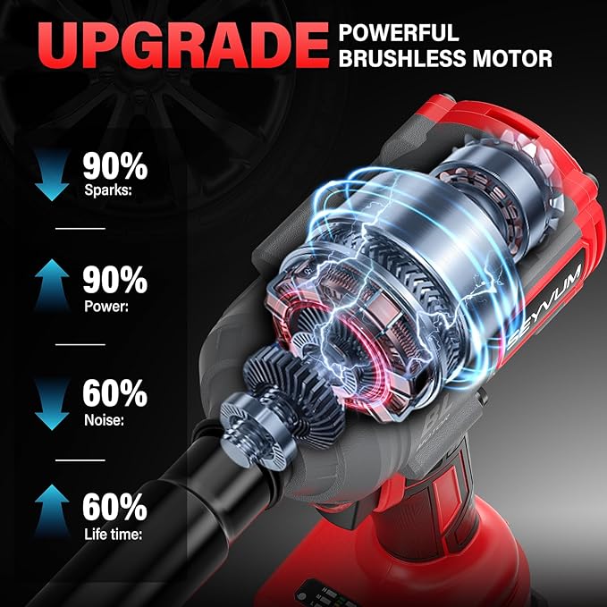 SEYVUM Cordless Impact Wrench, 1/2” Max Torque 600 Ft-lbs / 800 N.m Powerful Impact Gun, 20V 3500RPM Electric Impact Driver, 2 x 4.0Ah Battery & Fast Charger, 6 Impact Sockets, Carrying Case Included