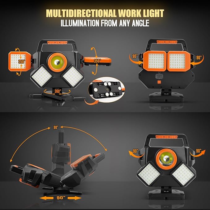 Rechargeable Work Light 5000LM, Foldable&Rotatable Magnetic LED Work Light with 6 Modes, 8000mAh Battery Powered Portable Work Lights for Car Repair, Home Maintenance, Workshop, Camping, Emergency Use