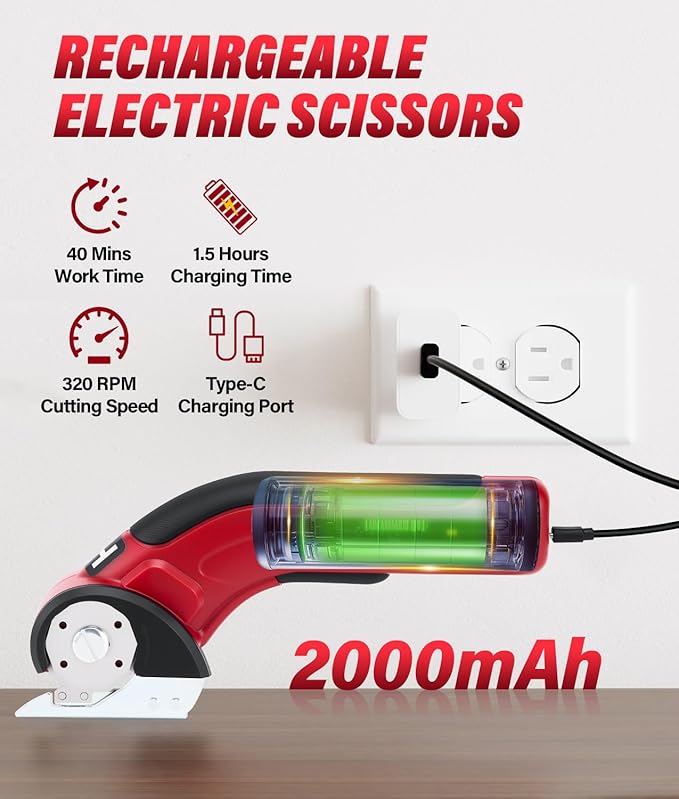 HK Cordless Electric Scissors, Rechargeable Cardboard Cutter, 4V Upgrade Motor Electric Box Cutter with 2 Blades & Safety Lock, Powerful Cutting for Cardboard Box, Plastic, Leather