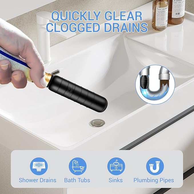 Drain Cleaning Bladder- Fits 1" to 2" Pipes, 3/4" Hose Thread Valve,Ideal for Sinks, Showers, Tubs & Sewer Lines, Rubber, Easy Daily Use, Cold Water Only (3Pc)