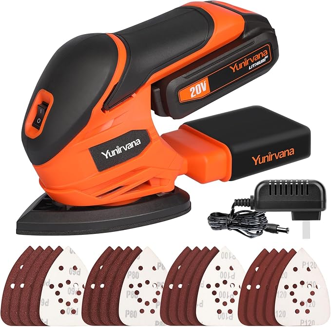 20V 1.3Ah Cordless Sander, Detail Sanders, 20Pcs Sandpapers,12000 RPM Sanders with Dust Collection System for Tight Spaces Sanding in Home Decoration, Battery and Charger Included