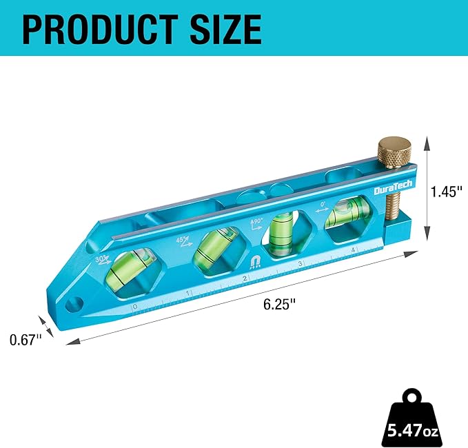 DURATECH 6.25-Inch Level, Magnetic Torpedo Level with 0°/30°/45°/90° Bubbles, V-Groove, Large Viewing Window, Aluminum Alloy Body, Hanging Hole, SAE and Metric Scale for DIY Projects and Household Use