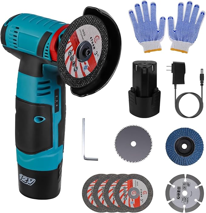 Cordless Angle Grinder Set, 12V 3inch Mini Electric Angle Grinding Tool with 2Pcs 1100mAh Batteries and 7-Cutting Discs, 19000RPM Electric Grinding Tool Handheld Cutter for Metal Wood