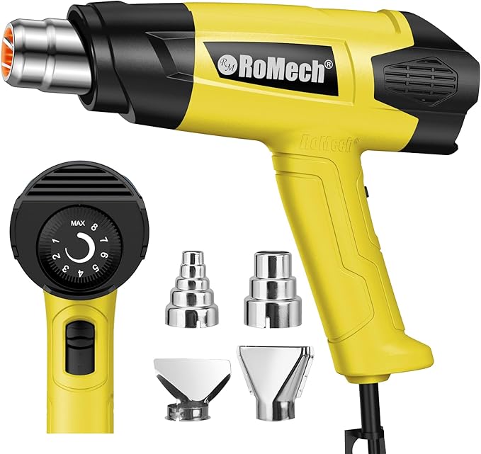 ROMECH 1500W Heavy Duty Heat Gun, Variable Temperature Control Hot Air Gun Kit with 2 Air Flow 120°F~1200°F and 4 Nozzles for Crafts Shrink Wrap (Yellow)