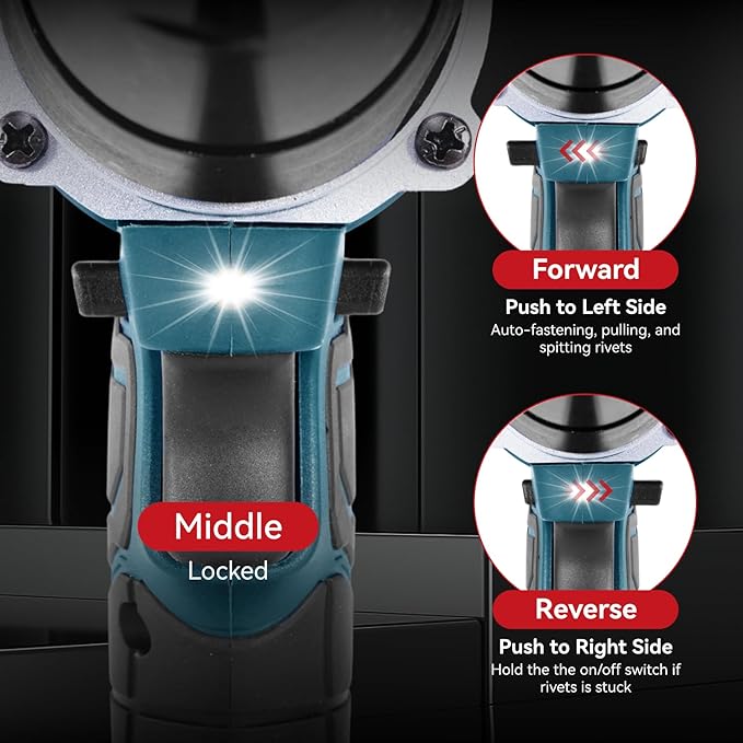 Cordless Rivet Gun with 2PCS Batteries and 1.2A Fast Charger, Brushless Electric Rivet Gun, 0.78" Stroke Length, Rivet Gun Kit for 1/8", 5/32", 3/16" Stainless & Aluminum Rivets