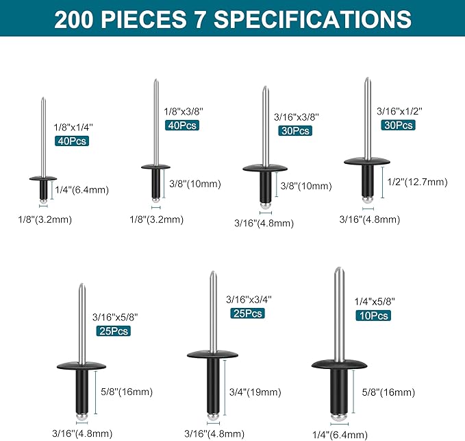 200PCS Black Rivets Pop Rivets Assortment Kit, Large flange Aluminum Rivets(1/8" 3/16" 1/4") Assorted Blind Rivets with Case