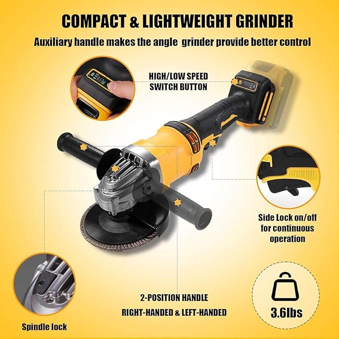 Cordless Angle Grinder Compatible With Dewalt 20V MAX Battery 4-1/2" Grinder Power Tools Battery Powered Brushless 3 Variable Speed For Cutting, Griding, Polishing (Tool Only)