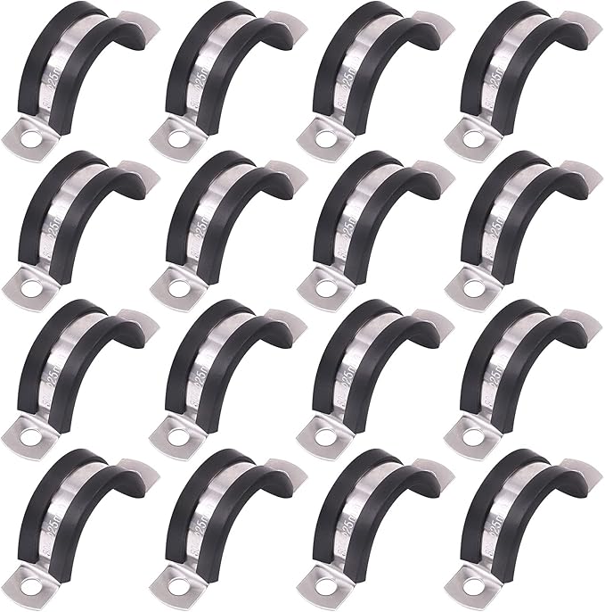 Glarks 16Pcs 25MM 2 Hole U-Tube Strap Clamp Set 304 Stainless Steel Rubber Cushion Rigid Pipe Strap U Bracket Tube Strap Assortment Kit For Pipe Tube Fixing (25mm)