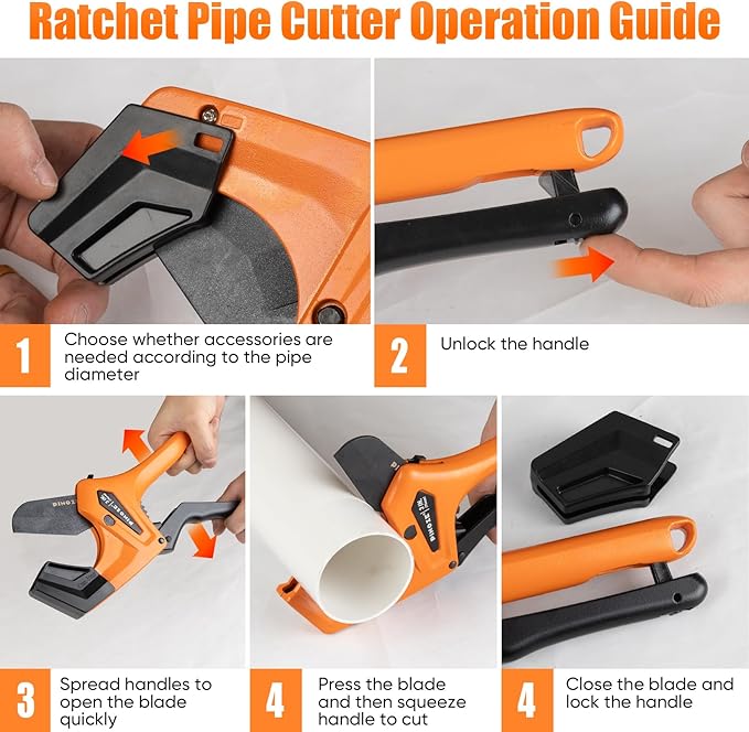 PVC Pipe Cutter - 3 Inch Max Opening, Heavy-Duty Ratchet Pipe Cutter Tool with Stabilizer for PVC, PPR, PE, PEX, Plastic Hoses & Plumbing Pipes with Teflon Coated SK5 Blade