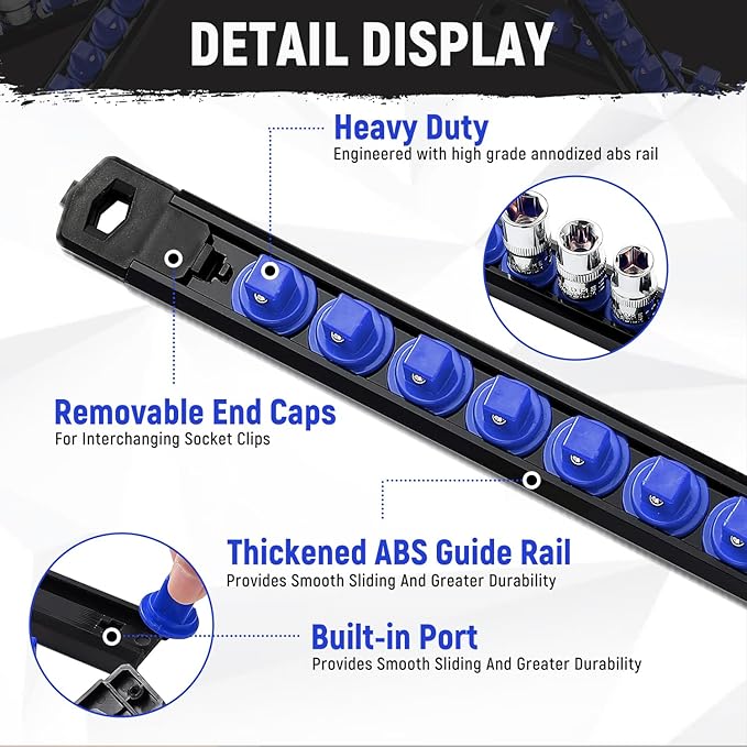 Magnetic Socket Organizer, 1-Piece Heavty Duty ABS Socket Holder, Socket Rail for Tool Box, Premium Quality 360° Swivel Socket Rack with 12 Clips for 1/2-Inch(Blue)
