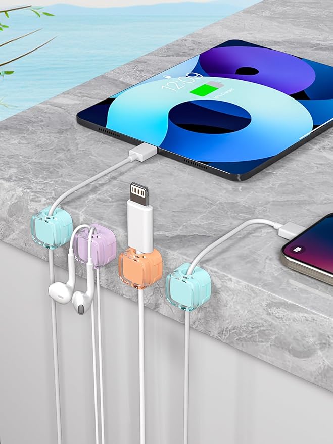 Magnetic Cable Clips, Adjustable Cord Holder Management, Adhesive Wire Keeper Organizer for Home Office Desk Phone PC Car Wall Desktop Nightstand Appliance (8-Pack Crystal Multicolor)