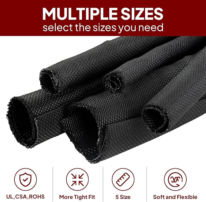 Black Braided Cable Management Sleeves Wire Loom Tubing Cord Protector Self-Wrapping (3/8"-12Feet)