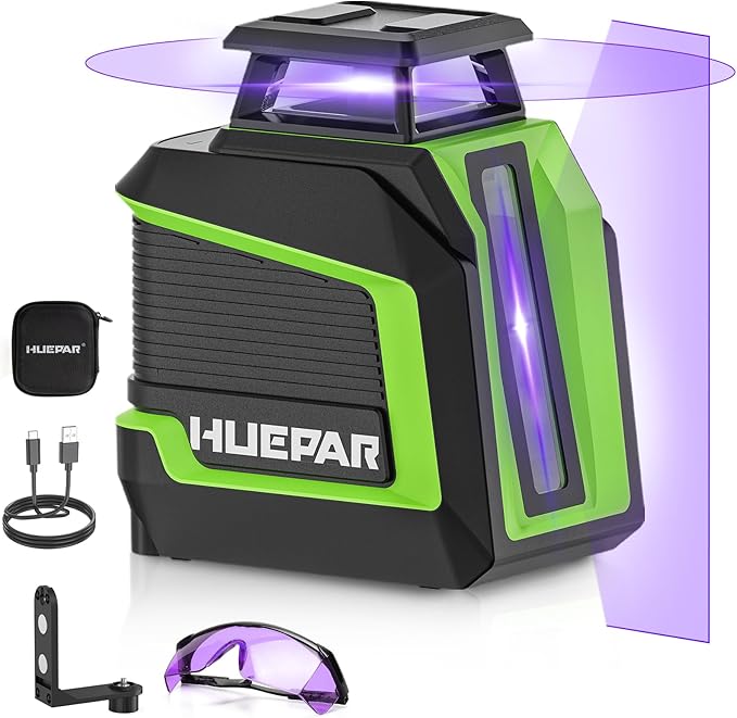360° Laser Level, HUEPAR 82-165Ft 3 Brightness Levels Self Leveling Laser Level with Pulse Mode, Purple High Penetration Laser Rechargeable Li-ion Battery Lazer Leveler Tool for Indoor DIY Project