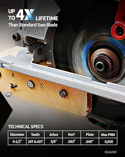 6-1/2-Inch 24&60-Tooth Circular Saw Blade with 5/8-Inch Arbor, Framing & Ultra Finish Wood Cutting, Carbide Tip, Thin Kerf, for Plywood, MDF, OSB, Laminated, 2 Pack