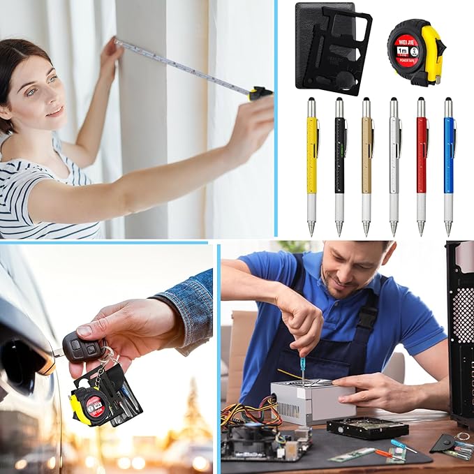 144 Pcs Mini Tape Screwdriver Keychain Set Christmas Men Gifts Bulk Adult Party Favors Multitool Pen Card Tool Measuring Keychains Stocking Christmas Stuffers for Men Dad (Multicolor)