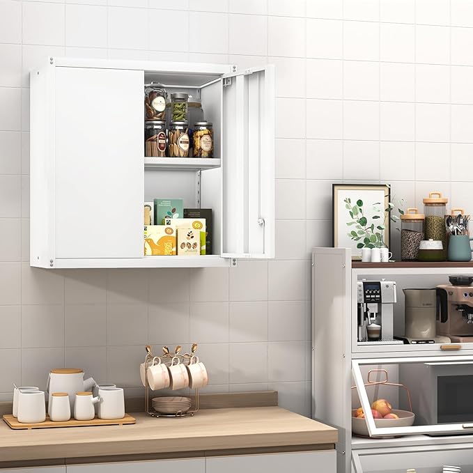 GREATMEET Locking Metal Wall Cabinet, Metal Wall Cabinets for Garage, Wall Mount Cabinet with Lock, Upper Cabinets Wall Mounted, Hanging Utility Cabinet with Adjustable Shelf