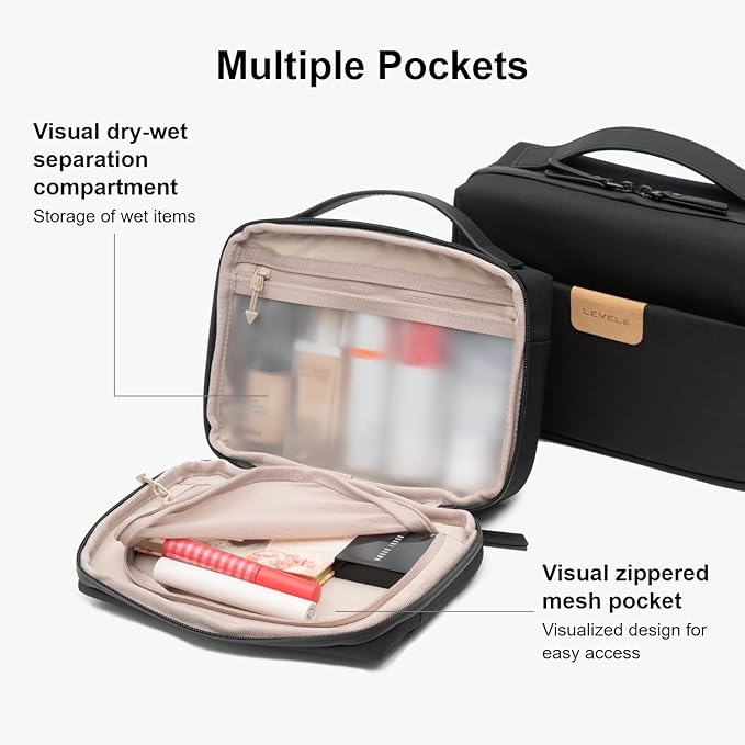 LEVEL8 Travel Toiletry Bag for Men Women, Water Repellent Shaving Bag for Toiletries Accessories, Storage Bags with Divider and Handle, Small/Black