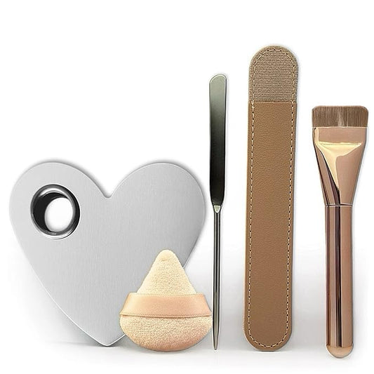 Makeup Brush Set - Flat Foundation Brush, Blender Sponge, Face Spatula, Puff & Heart-Shaped Mixing Palette with Leather Case – Complete Face Makeup Tool Kit for Blending, Foundation & Application-VeraVaultWomen